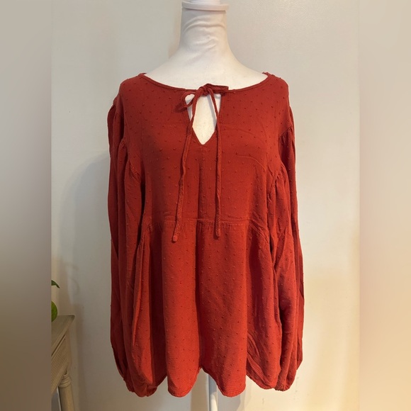 Rustty Dustty Boho Peasant Blouse 2XL Rust Orange Textured Balloon Sleeve Top - Picture 1 of 5
